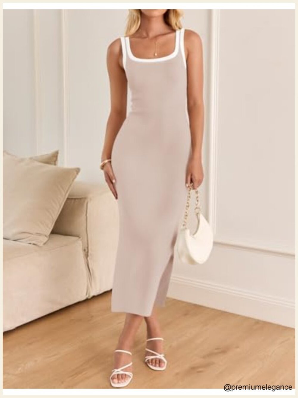 Sleeveless Square Neck Bodycon Midi Dress with Side Slit Knit Beach Vacation - Picture 3 of 6